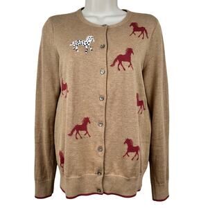 Lands' End Pima Cotton Cardigan Sweater Horse Equestrian Button Front Brown XS